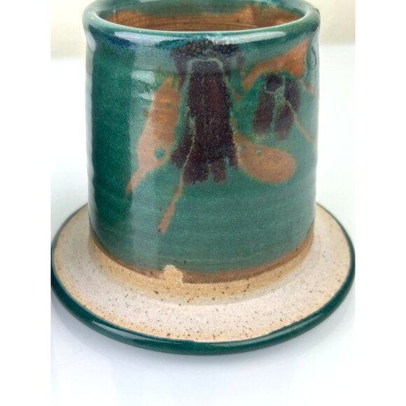 Studio Art Pottery Butter Keeper Crock w/ Lid Green Artist Signed Sun Valley, ID - Picture 9 of 16